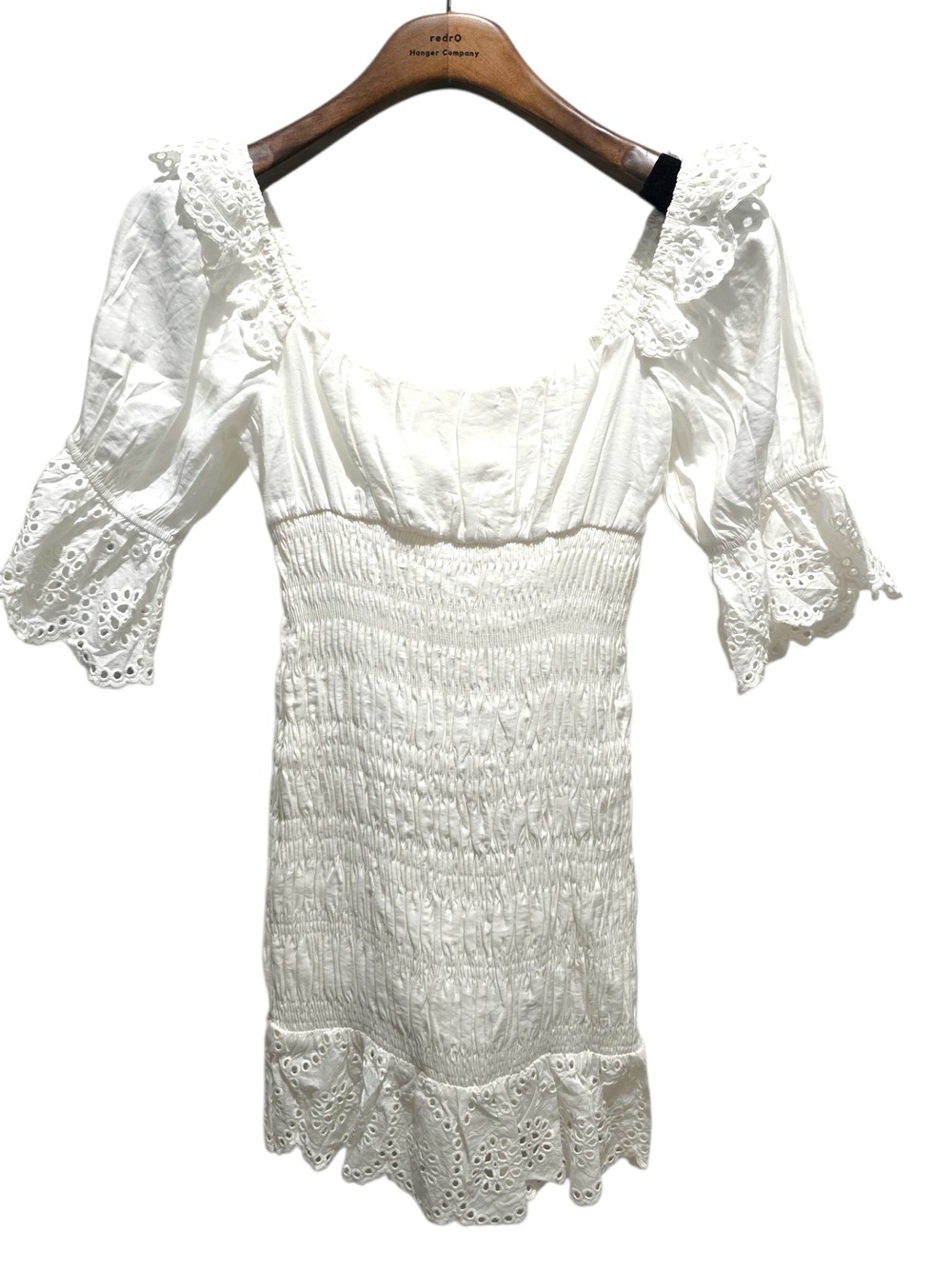 Skylar Rose 100% Cotton White Eyelet Smocked Mini Dress with Puff Sleeves Size S